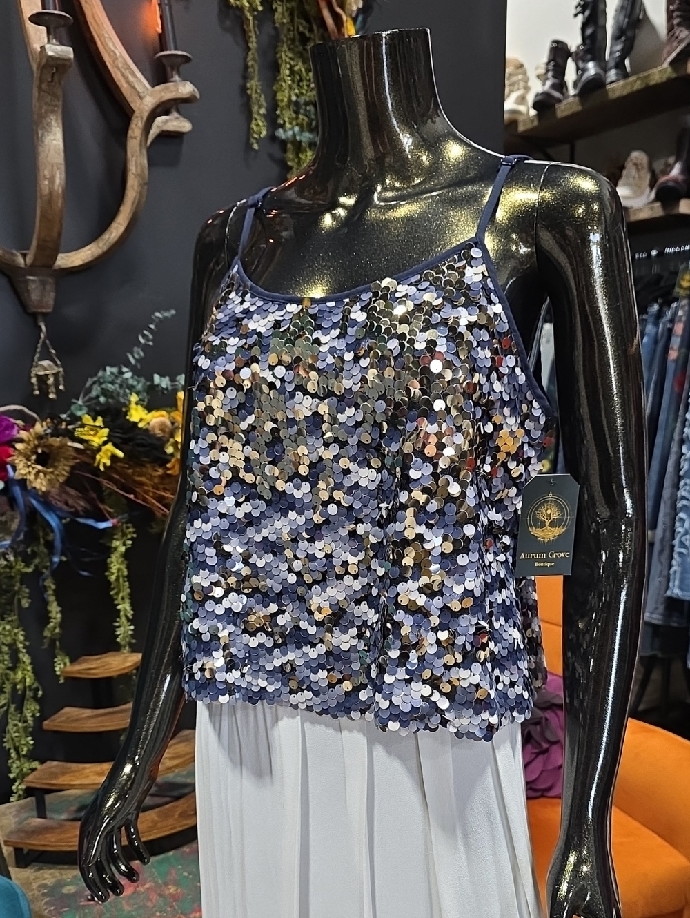 Dance & Marvel Navy Sequin Cami with Silver Highlights